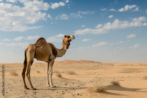 Desert journey majestic camel standing in the middle of the arid landscape with a blue sky horizon
