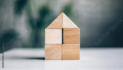 Wooden cube blocks shaped like a house on a white table, symbolizing real estate, construction, and homeownership concepts. Ideal for banners with copy space for business or real estate content