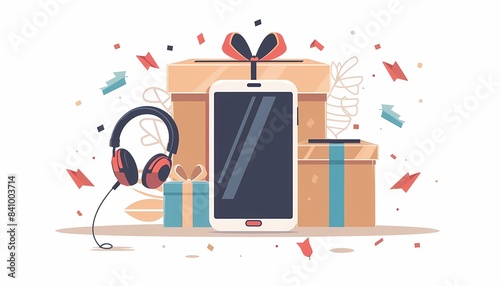Fathers Day present flat design, tech gadget gift box with headphones and smartphone, sleek and modern look photo