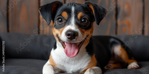 Adorable young puppy with tricolor fur and excited expression sitting comfortably on a dark cushion in front of a wooden backdrop