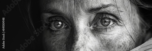 An intimate black and white close-up portrait of a person's eyes and face revealing deep emotion and intricate facial details with dramatic lighting