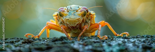 Close-up photograph of a brightly colored insect with detailed focus on its eyes and antennae, captured in a natural outdoor setting against a blurred background photo