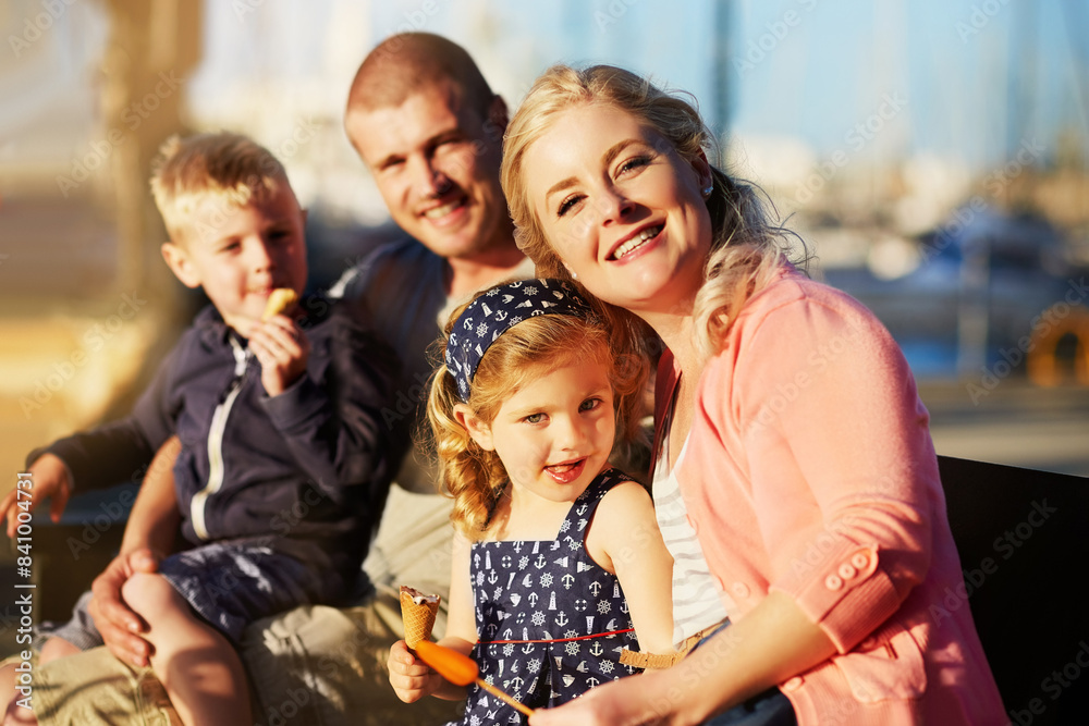 Portrait, love and family at dock with happiness for ocean holiday adventure and support for relationship. Man, woman and children with smile for sea travel and summer vacation together in Florida Portrait, love and family at dock with happiness for ocean holiday adventure and support for relationship. Man, woman and children with smile for sea travel and summer vacation together in Florida