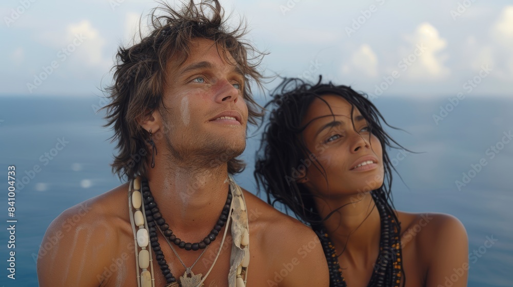 A captivating moment captures a young couple adorned with natural jewelry and face paint as they gazingly embrace the serene ocean backdrop together A captivating moment captures a young couple adorned with natural jewelry and face paint as they gazingly embrace the serene ocean backdrop together