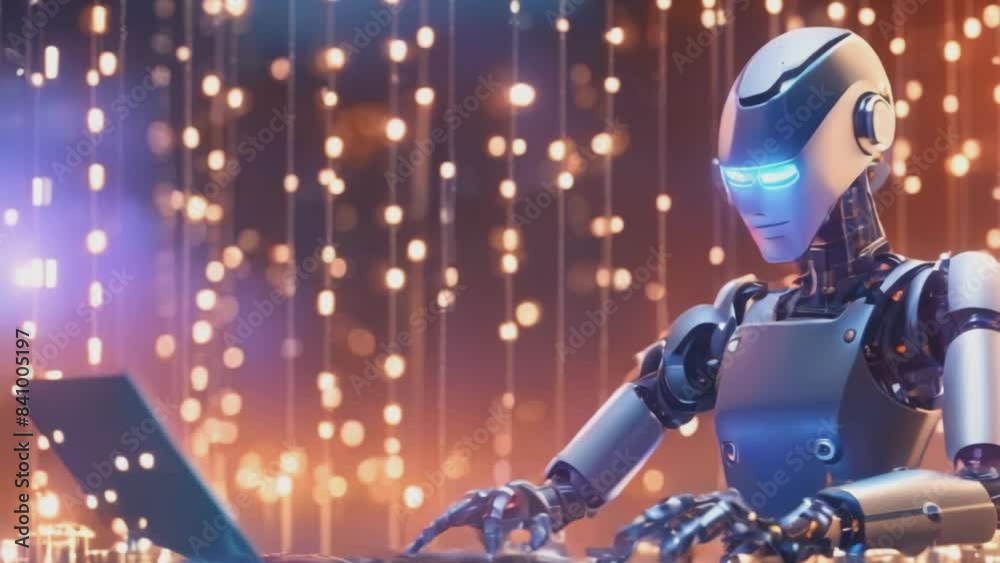 Robo is working on a laptop. AI development. Generated AI Robo is working on a laptop. AI development. Generated AI