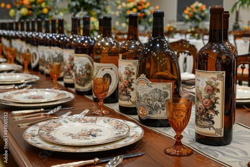 A beautifully arranged dining table set up with vintage-themed plates  cutlery  and intricately designed glassware  featuring a decorative display of antique-style bottles