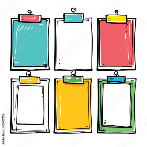 Brightly colored clipboards handdrawn, office supplies presentation. Empty clipboard set, colorful stationery clip vector illustration. Doodle style clipboards, organization office items graphic