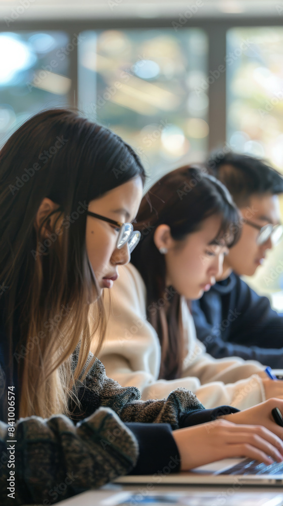 Several asian people are writing on their laptops created with Generative AI technology Several asian people are writing on their laptops created with Generative AI technology