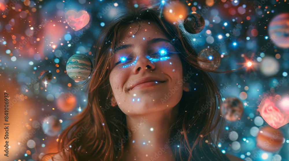 smiling woman with straight dark brown hair with heart laser eyescreated with Generative AI technology smiling woman with straight dark brown hair with heart laser eyescreated with Generative AI technology