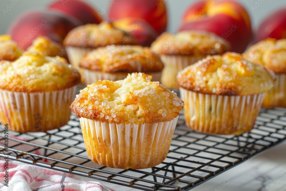Freshly Baked Peach Muffins on Cooling Rack Freshly Baked Peach Muffins on Cooling Rack