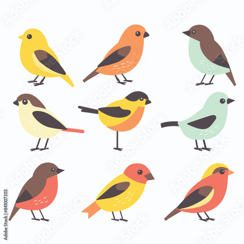Nine colorful birds illustrated minimalist style, bird has unique combination vibrant colors such yellow, orange, brown, teal. Illustration suitable birdthemed designs educational material about