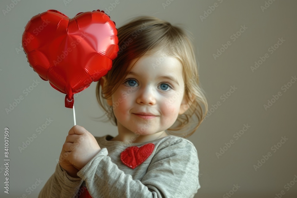 Child Holding a Heart-Shaped Balloon: A young child holding a red heart-shaped balloon Child Holding a Heart-Shaped Balloon: A young child holding a red heart-shaped balloon