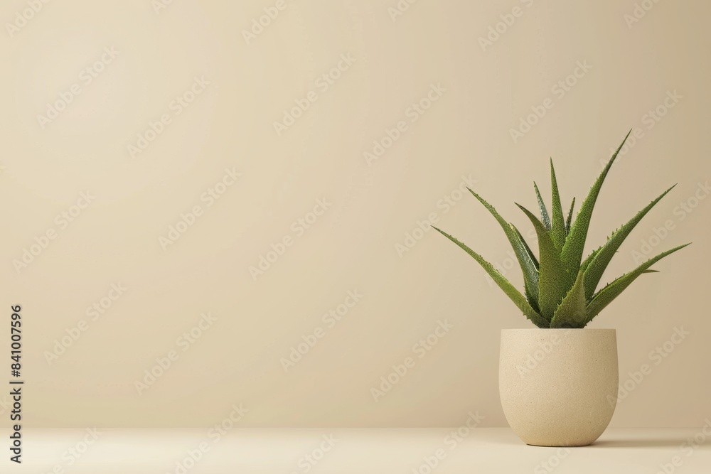 Potted Aloe Vera Plant Against Beige Wall for Background Potted Aloe Vera Plant Against Beige Wall for Background