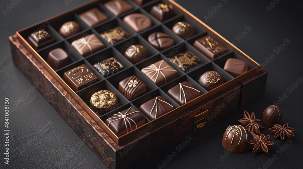 Luxury birthday chocolate gift box, elegant packaging, premium chocolates, festive design, 4K detail, photorealistic Luxury birthday chocolate gift box, elegant packaging, premium chocolates, festive design, 4K detail, photorealistic