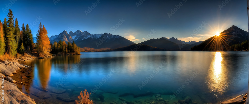 A beautiful lake surrounded by mountains with the sun rising over it. A beautiful lake surrounded by mountains with the sun rising over it.