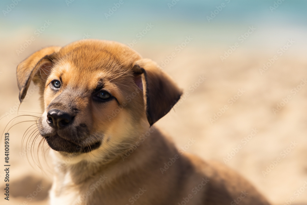 Cute Puppy On Sandy Beach In Summer Cute Puppy On Sandy Beach In Summer
