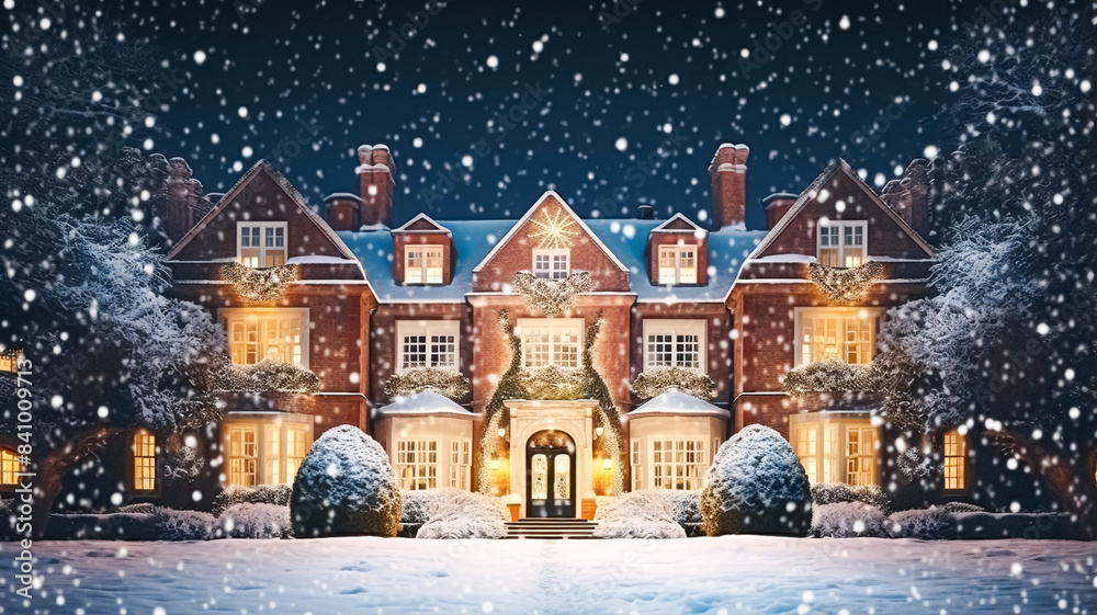 Naklejka premium Christmas in the countryside manor, English country house mansion decorated for holidays on a snowy winter evening with snow and holiday lights, Merry Christmas and Happy Holidays design