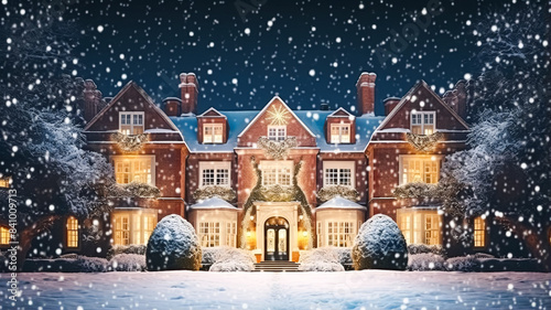 Christmas in the countryside manor, English country house mansion decorated for holidays on a snowy winter evening with snow and holiday lights, Merry Christmas and Happy Holidays design