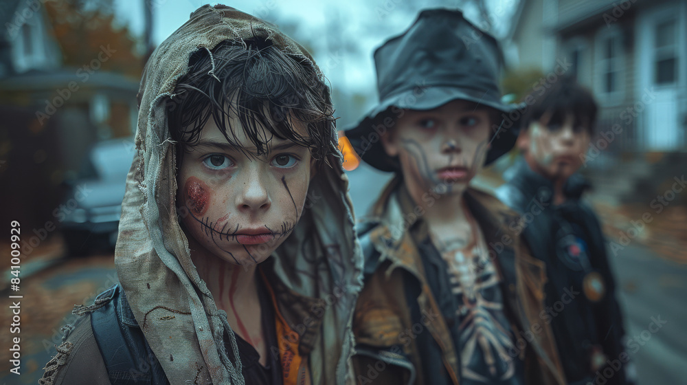 Fototapeta premium Three junior high school boys in Halloween costumes created with Generative AI technology