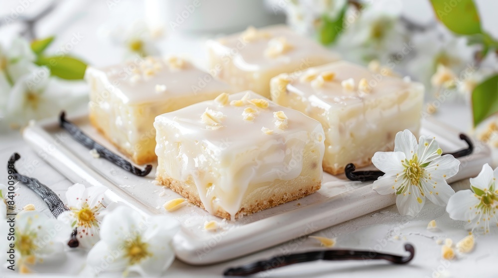Curd cheese bars with glazed icing vanilla pods and flowers on a white background Curd cheese bars with glazed icing vanilla pods and flowers on a white background