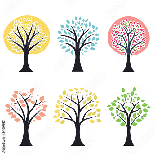 Six stylized trees featuring leaves different colors representing seasons. Trees against isolated white background, ideal seasonal design themes. Simple flat graphic style colorful foliage