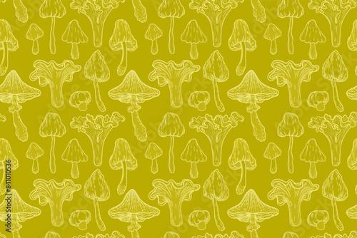 Magic mushrooms seamless pattern. Psychedelic hallucination. 60s hippie art in color of mustard. Vintage psychedelic textile, fabric, wrapping, wallpaper. Vector repeating illustration.