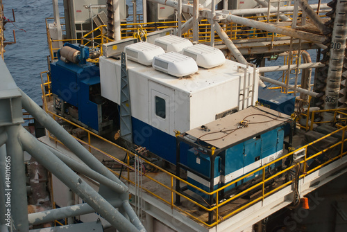 Offshore logging data unit shack on drilling rig position. Oil and gas services industry