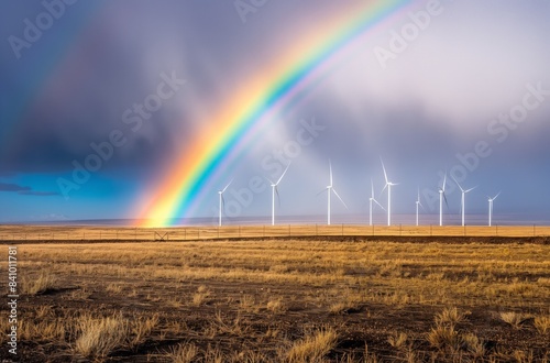 A rainbow over an open field with wind turbines in the background, symbolizing clean energy and nature's beauty