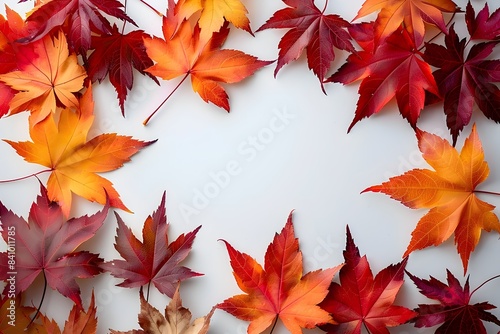 Hojas amarillentas y rojizas sobre un fondo blanco, imagen con espacio para copiar con tematica otoñal  photo