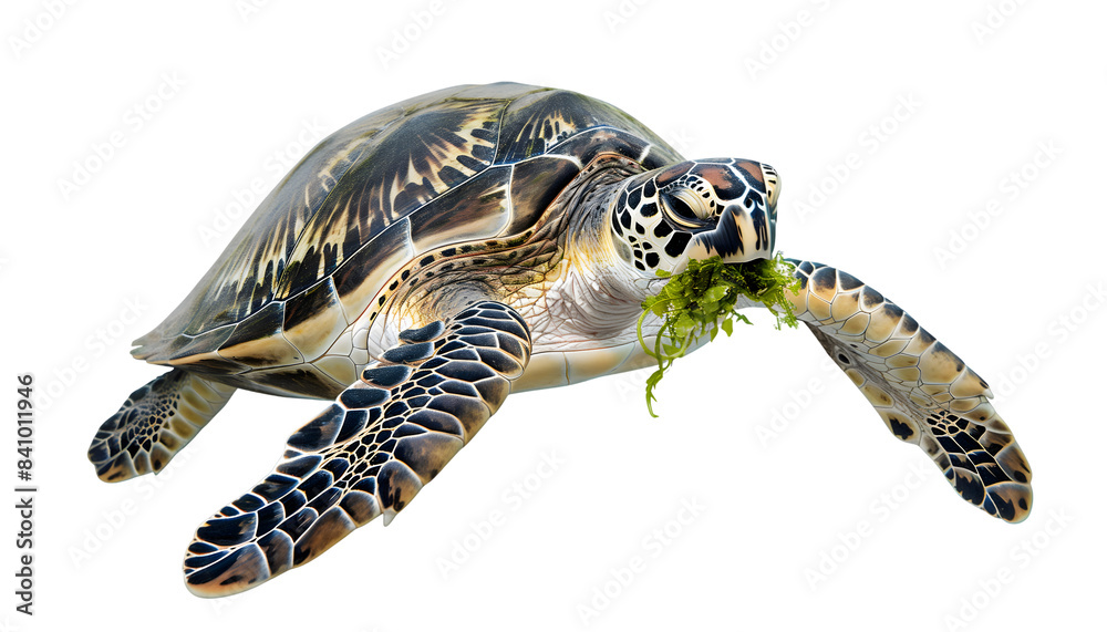 Fototapeta premium Sea turtle eating seaweed isolated on transparent background.