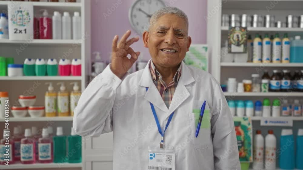 Elderly hispanic man in a white lab coat making an 'ok' gesture while standing in a well-stocked pharmacy, showing a warm smile and engaging with the camera in an indoor store setting. Elderly hispanic man in a white lab coat making an 'ok' gesture while standing in a well-stocked pharmacy, showing a warm smile and engaging with the camera in an indoor store setting.