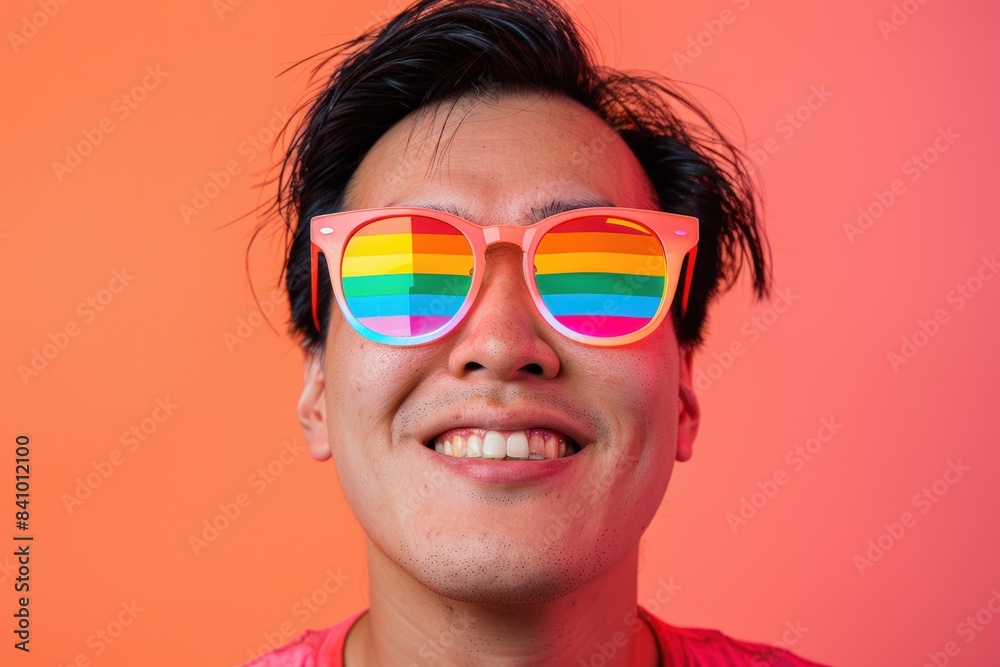 Portrait of a young Asian man celebrating Pride with rainbow sunglasses Portrait of a young Asian man celebrating Pride with rainbow sunglasses