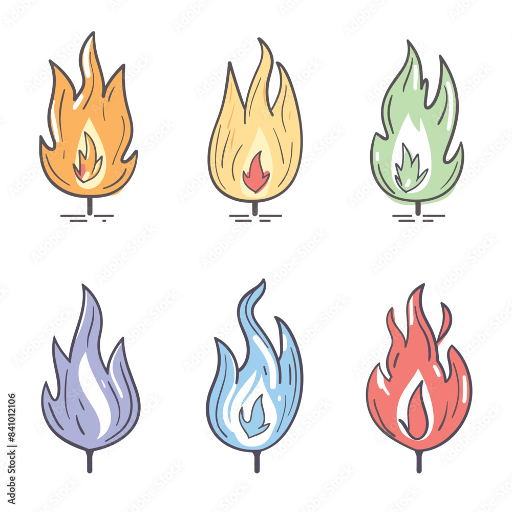 Six colorful flame icons representing different elements, cartoon style design, fire symbol distinct, depicting magical elemental flames. Orange, yellow, green, purple, blue, red fire images Six colorful flame icons representing different elements, cartoon style design, fire symbol distinct, depicting magical elemental flames. Orange, yellow, green, purple, blue, red fire images