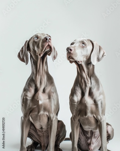 Two elegant Weimaraner dogs posing together on a serene white background in a graceful and stylish manner