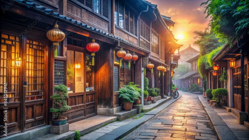 A narrow street with many shops and houses A narrow street with many shops and houses