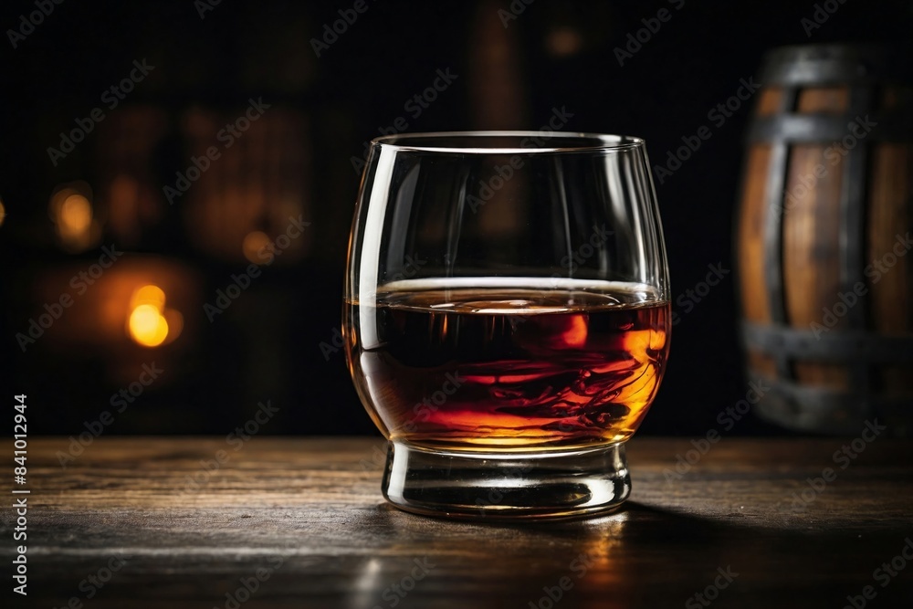Barrel Aged: a glass of dark rum on a reflective black surface with a wooden barrel subtly blurred in the background. Barrel Aged: a glass of dark rum on a reflective black surface with a wooden barrel subtly blurred in the background.