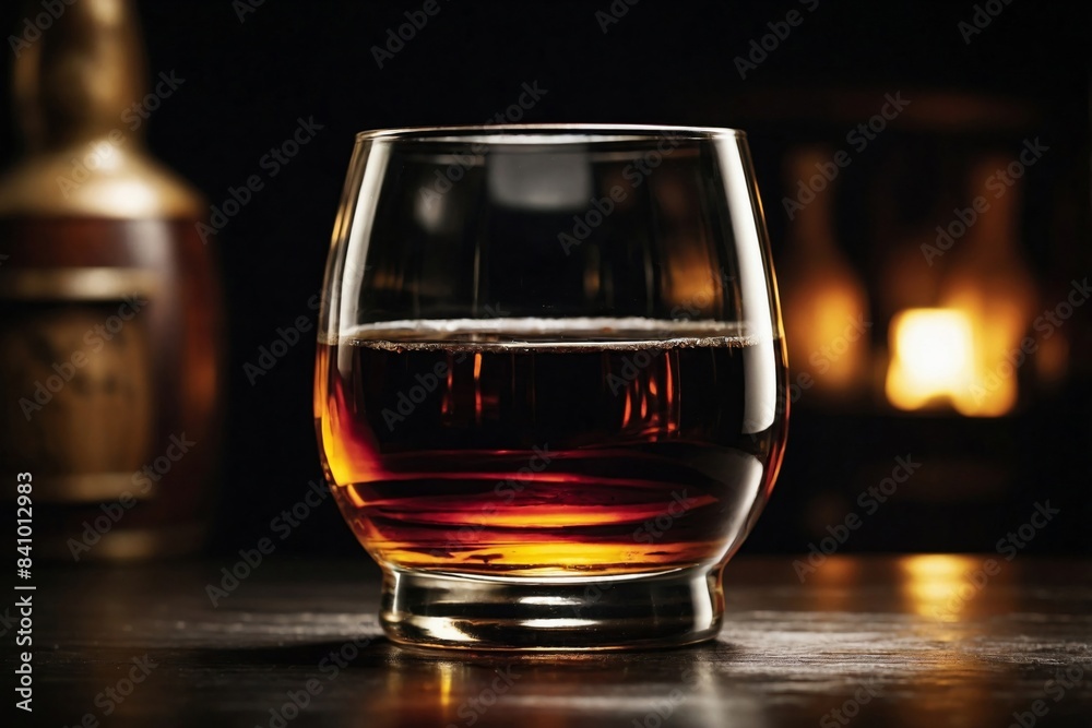 Barrel Aged: a glass of dark rum on a reflective black surface with a wooden barrel subtly blurred in the background. Barrel Aged: a glass of dark rum on a reflective black surface with a wooden barrel subtly blurred in the background.