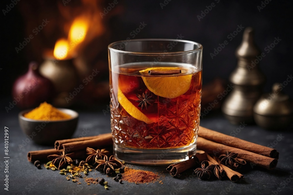 Spiced Delight: a glass of spiced rum on a dark, matte surface with a few whole spices (like cinnamon sticks or star anise) scattered around. Spiced Delight: a glass of spiced rum on a dark, matte surface with a few whole spices (like cinnamon sticks or star anise) scattered around.