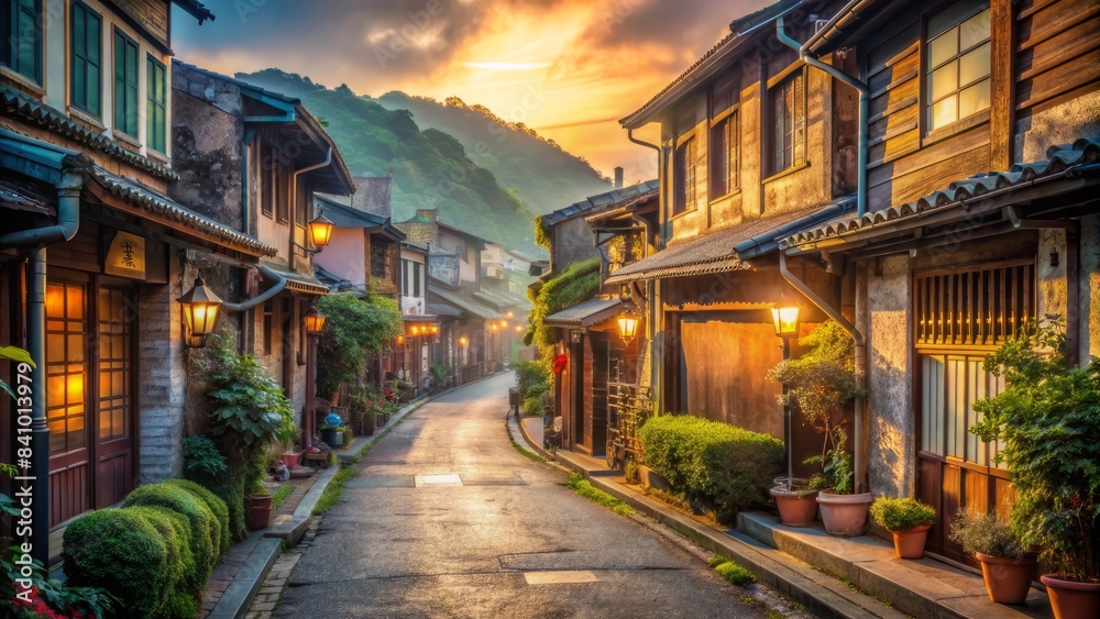 Fototapeta premium A narrow street with many shops and houses