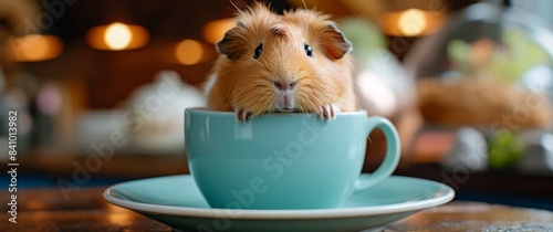 Realistic depiction of a hamster in a coffee cup with bokeh background 🐹☕ Captures a charming and lifelike moment, blending coziness with artistic flair.