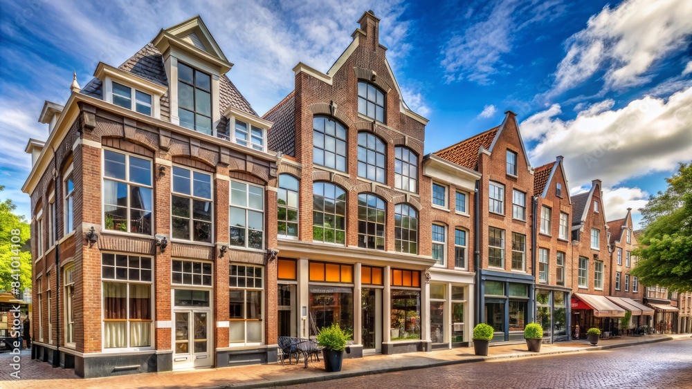 A row of brick buildings with large windows and awnings A row of brick buildings with large windows and awnings