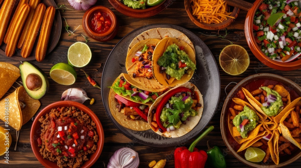 A table with Mexican dishes. Traditional Mexican dishes like tacos, enchiladas, guacamole, and churros are beautifully laid out on the table.