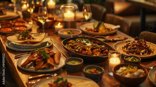 A table with Mexican dishes. Traditional Mexican dishes like tacos, enchiladas, guacamole, and churros are beautifully laid out on the table.