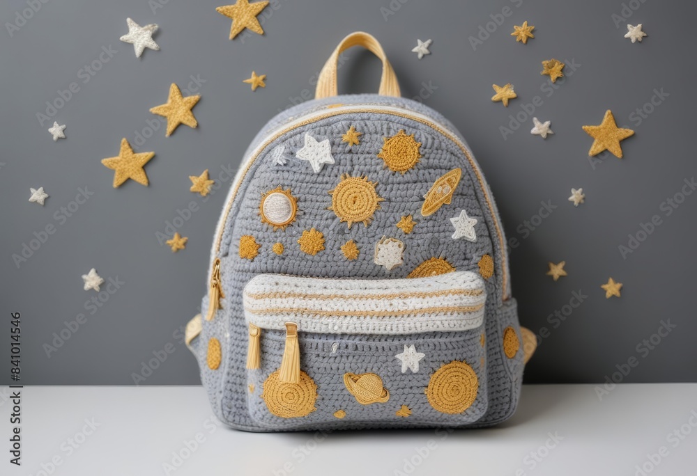 Handcrafted crochet kids bag featuring a stunning space galaxy theme adorned with gold elements. Perfect for little explorers, this unique accessory combines functionality with an imaginative design, Handcrafted crochet kids bag featuring a stunning space galaxy theme adorned with gold elements. Perfect for little explorers, this unique accessory combines functionality with an imaginative design,