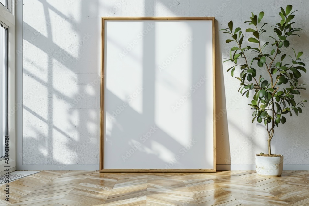 Poster frame mockup on wooden floor created with Generative AI Poster frame mockup on wooden floor created with Generative AI