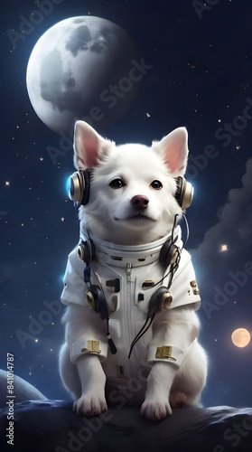 둥근 보름달 지구 행성 수 많은 별들 우주 universe 하얀 우주복처럼 생긴 강아지옷을 입고 앉아서 귀가 아닌 얼굴 양 볼쯤에 헤드폰처럼 생긴 물체를 착용하고 먼 곳을 바라보는 응시하는 댕댕이 하얀강아지 dog moon earth space petdog 멍멍이 photo