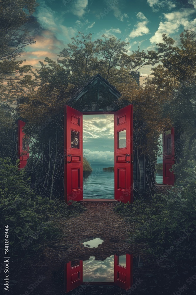 Obraz premium Open door reflects clear sky, adding depth to the house. Invites nature's beauty in, creating a serene atmosphere. Perfect for embracing natural light and outdoor views. 🌞🚪✨
