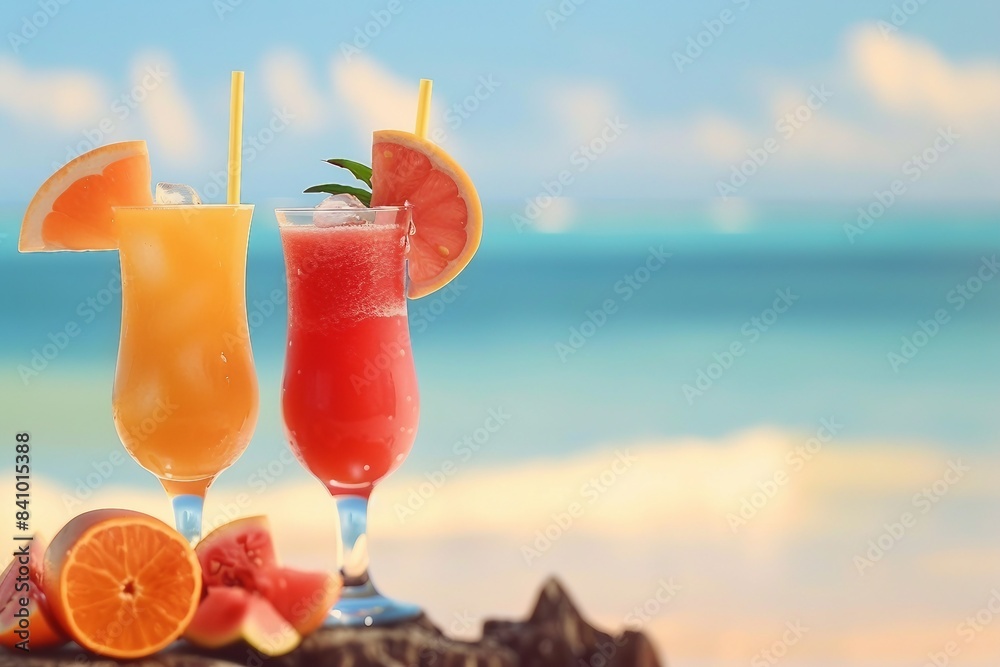 Obraz premium Two tropical fresh juices on tropical beach. generative ai.
