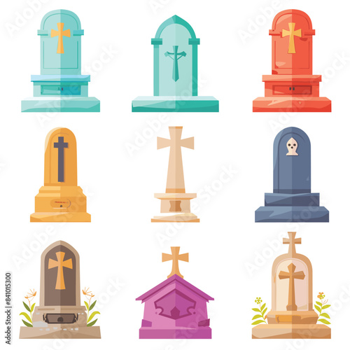 Colorful collection tombstone designs styles, featuring crosses. Cemetery headstones, flat graphic tomb illustrations isolated white. Cartoon grave markers, religious symbols, death concept