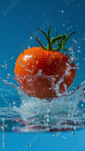 Tomato and water splash. captured with highspeed photography as they break through the waters surface. Blue background 